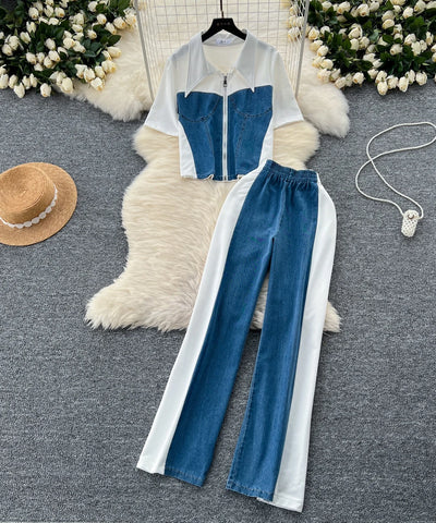 Denim Splice Top & Pants Set | MzStar Fashion