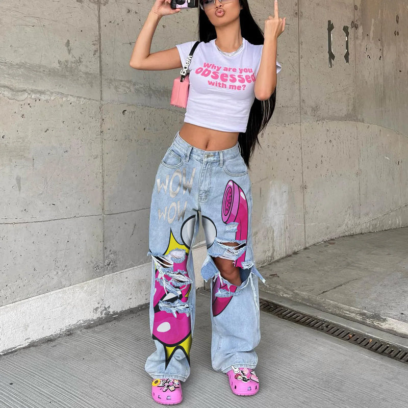 Graffiti Ripped Straight-Leg Jeans | MzStar Fashion | view 8