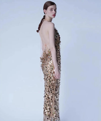 Mesh Sequin Halter Gown