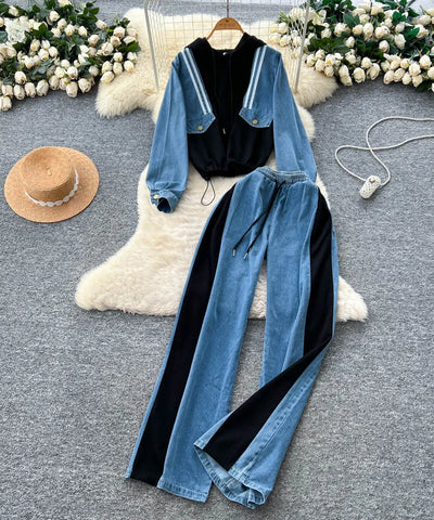 Hooded Denim Patchwork Set