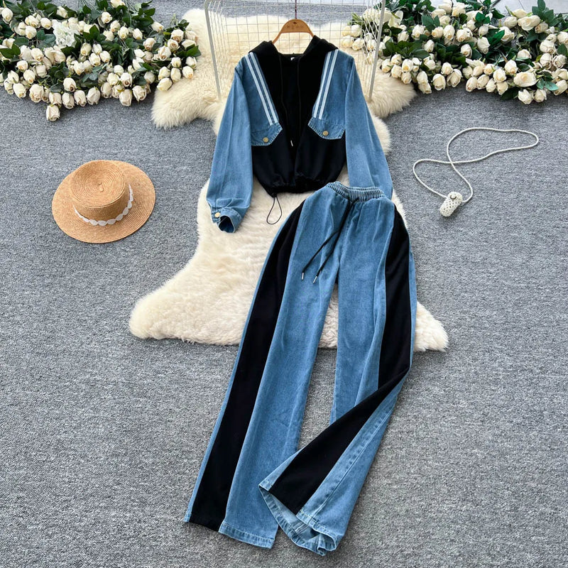 Hooded Denim Patchwork Set | MzStar Fashion | view 2