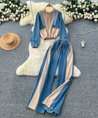 Hooded Denim Patchwork Set | MzStar Fashion