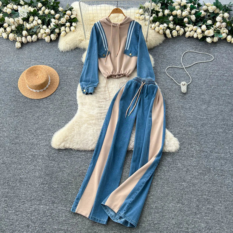 Hooded Denim Patchwork Set | MzStar Fashion