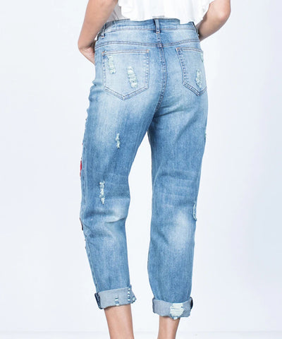 Embroidered Stacked Mom Jeans