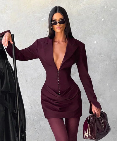 Ruched V-Neck Splice Mini Dress | MzStar Fashion