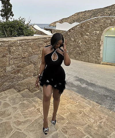 Rhinestone Feather Bodycon Dress | MzStar Fashion