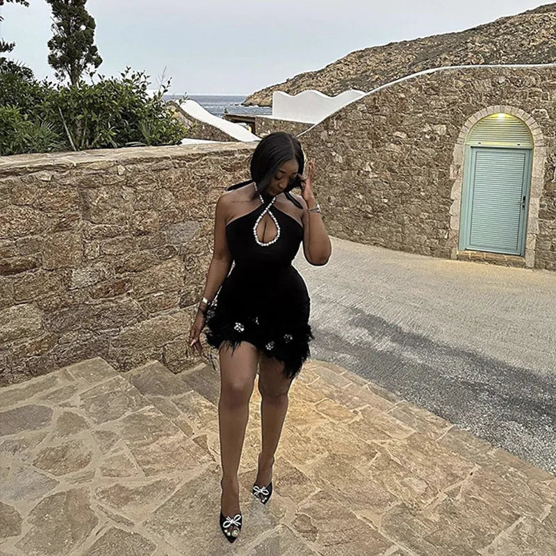 Rhinestone Feather Bodycon Dress | MzStar Fashion