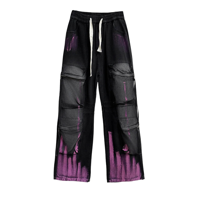 Graffiti Color-Block Denim Work Pants | MzStar Fashion | view 5