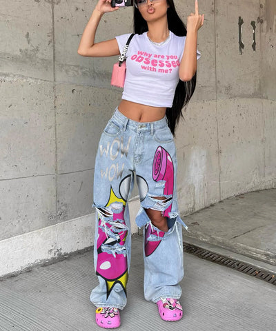 Graffiti Ripped Straight-Leg Jeans