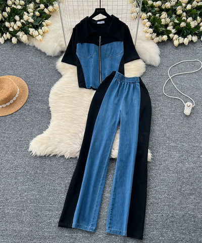 Denim Splice Top & Pants Set