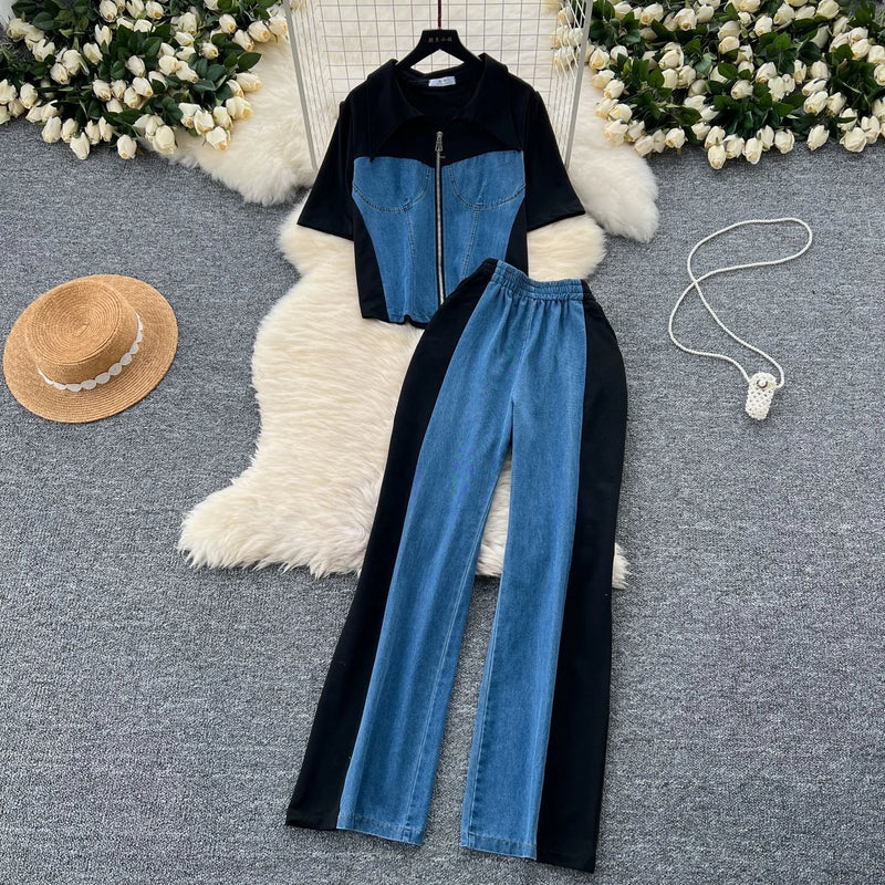 Denim Splice Top & Pants Set | MzStar Fashion | view 2