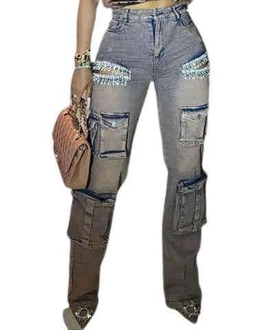 Rhinestone Tassel Multi-Pocket Jeans | MzStar Fashion