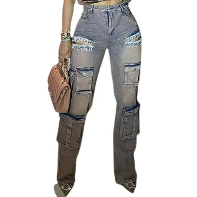 Rhinestone Tassel Multi-Pocket Jeans | MzStar Fashion