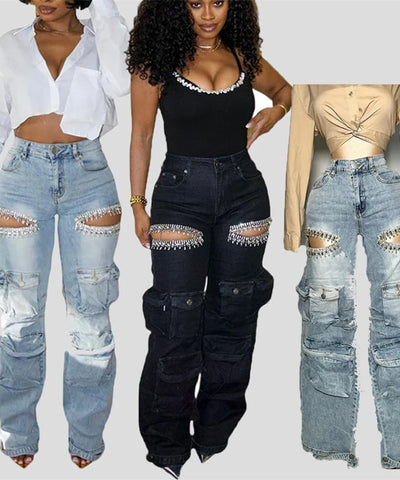 Rhinestone Stretch Cargo Jeans | MzStar Fashion