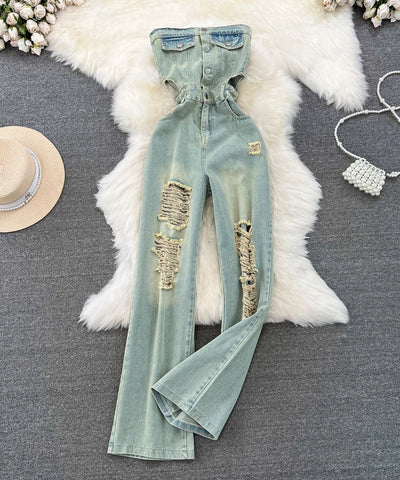 Strapless Ripped Denim Jumpsuit | MzStar Fashion