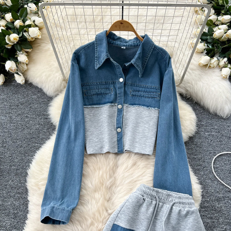Denim Splice Lapel Coat Set | MzStar Fashion | view 6