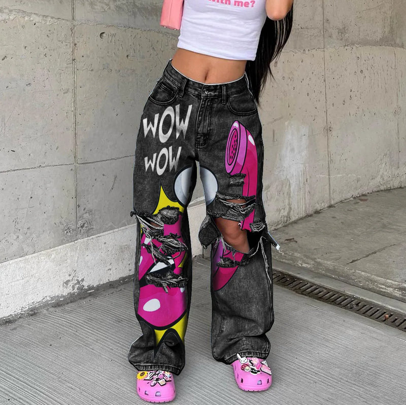 Graffiti Ripped Straight-Leg Jeans | MzStar Fashion | view 5