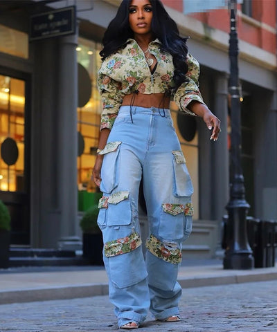 Floral Crop Jacket & Jeans Set | MzStar Fashion