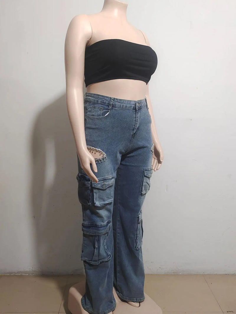 Rhinestone Tassel Multi-Pocket Jeans | MzStar Fashion | view 5