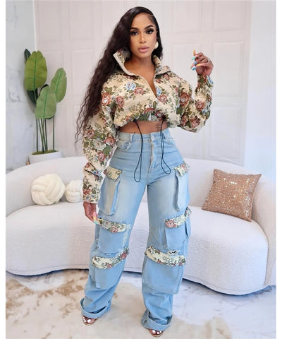 Floral Crop Jacket & Jeans Set