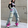 Graffiti Color-Block Denim Work Pants | MzStar Fashion