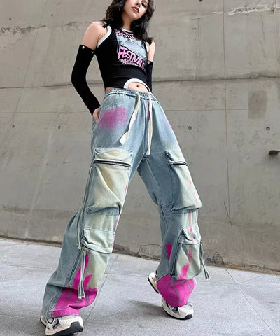 Graffiti Color-Block Denim Work Pants | MzStar Fashion