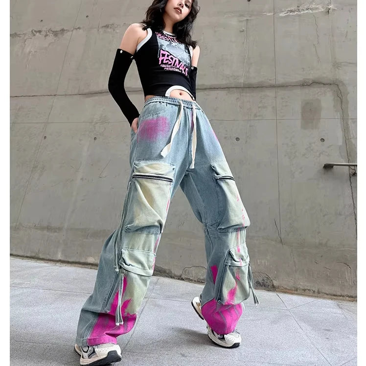 Graffiti Color-Block Denim Work Pants | MzStar Fashion