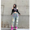 Graffiti Color-Block Denim Work Pants | MzStar Fashion | view 3