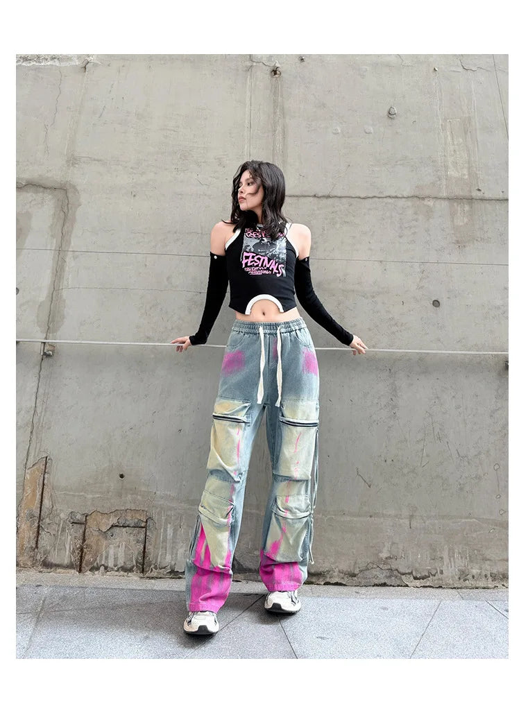 Graffiti Color-Block Denim Work Pants | MzStar Fashion | view 3