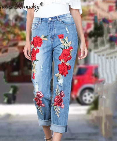 Embroidered Stacked Mom Jeans | MzStar Fashion