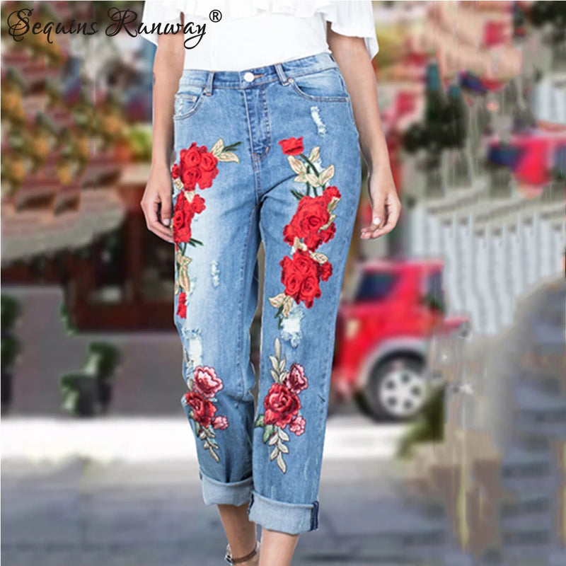 Embroidered Stacked Mom Jeans | MzStar Fashion