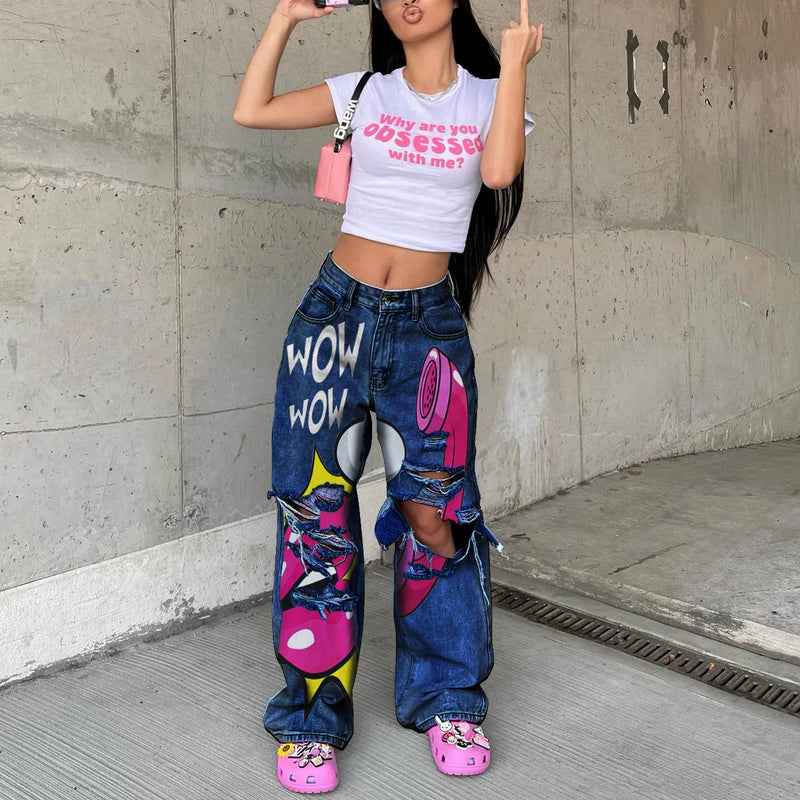 Graffiti Ripped Straight-Leg Jeans | MzStar Fashion | view 4
