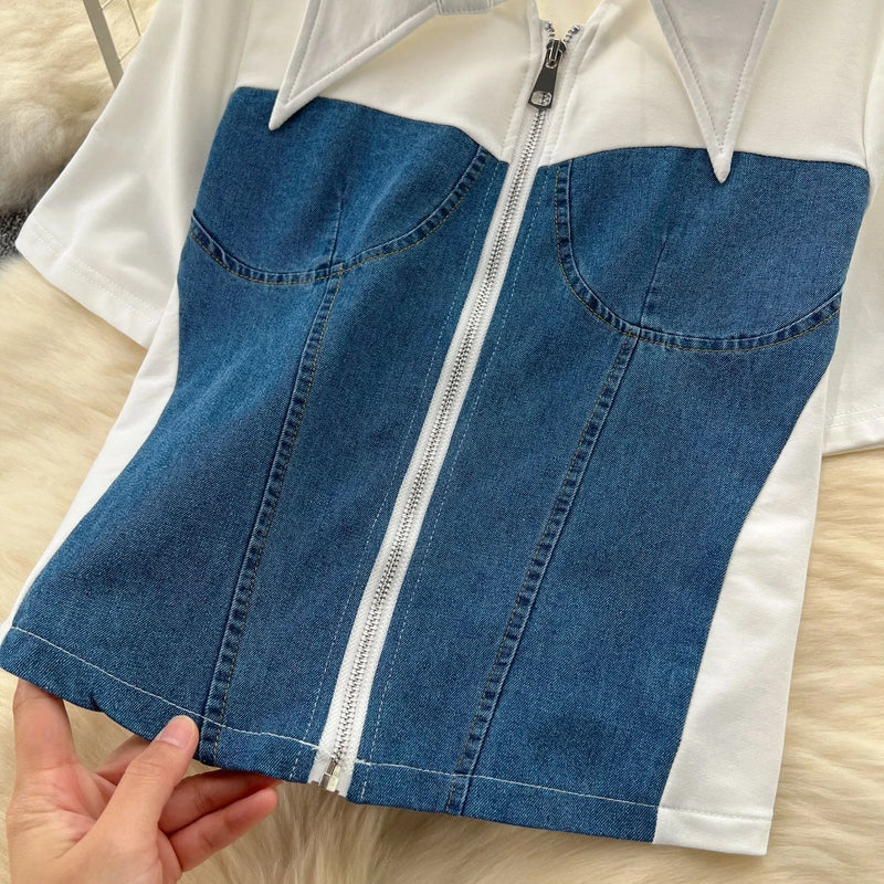 Denim Splice Top & Pants Set | MzStar Fashion | view 5