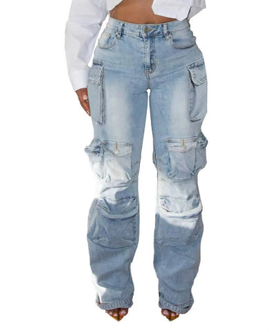 Patchwork Multi-Pocket Denim Pants