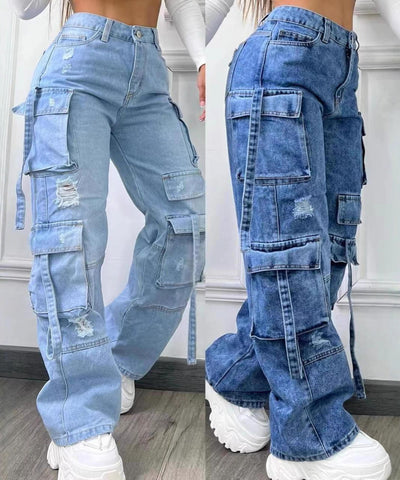 Plus-Size Multi-Pocket Jeans | MzStar Fashion
