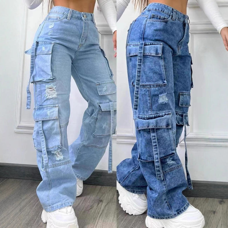 Plus-Size Multi-Pocket Jeans | MzStar Fashion