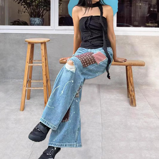 Splatter Print Patchwork Jeans | MzStar Fashion | view 4
