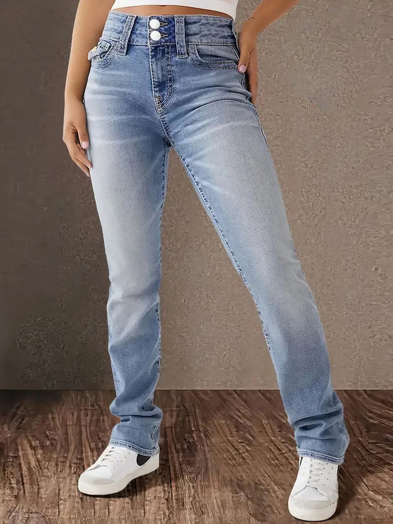 Double-Button Slim Blue Jeans | MzStar Fashion
