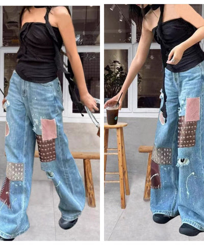 Splatter Print Patchwork Jeans