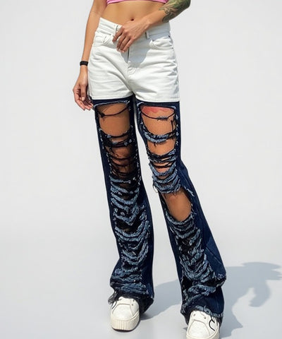 Contrast Ripped Jeans | MzStar Fashion