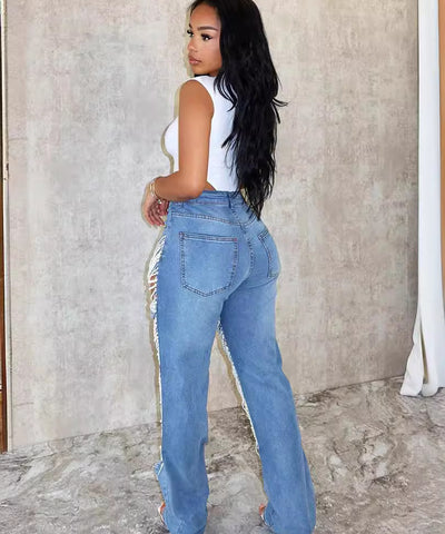 Beaded Ripped Stretch Jeans