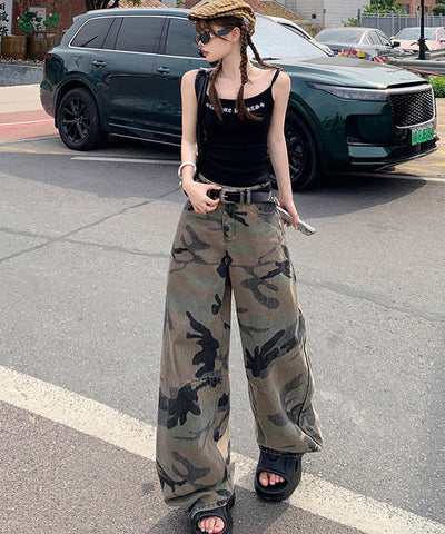 Washed Camo Wide-Leg Jeans | MzStar Fashion