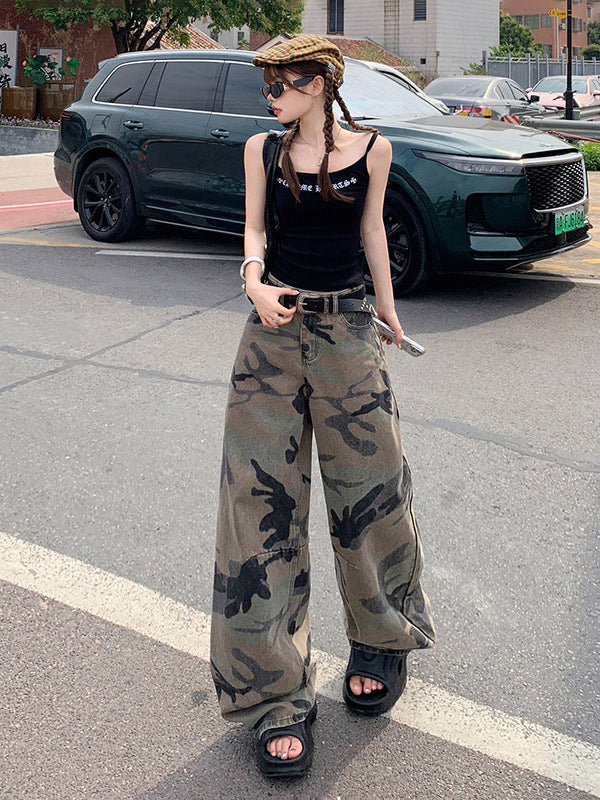 Washed Camo Wide-Leg Jeans | MzStar Fashion