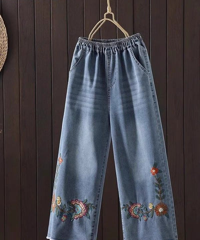 Embroidered Cropped Wide-Leg Jeans | MzStar Fashion