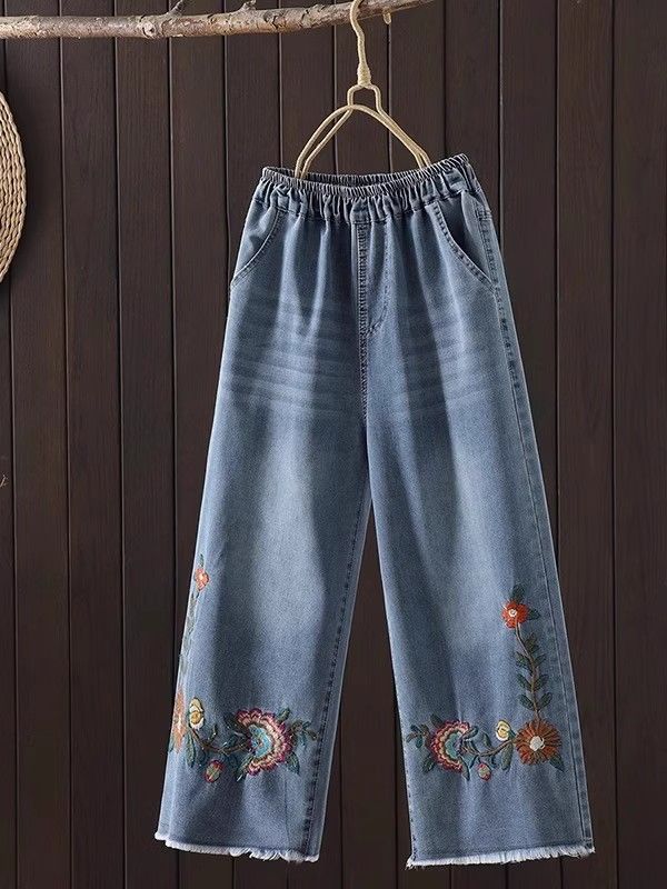 Embroidered Cropped Wide-Leg Jeans | MzStar Fashion