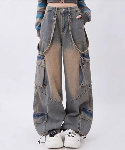 Distressed Big-Pocket Straight Jeans