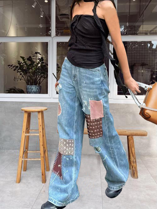 Splatter Print Patchwork Jeans | MzStar Fashion | view 7