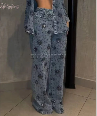 Flower Bead Wide-Leg Jeans | MzStar Fashion