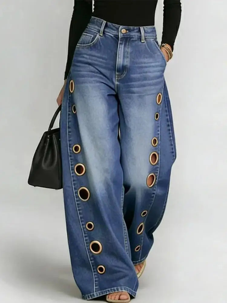 Eyelet Ripped Wide-Leg Jeans | MzStar Fashion | view 5