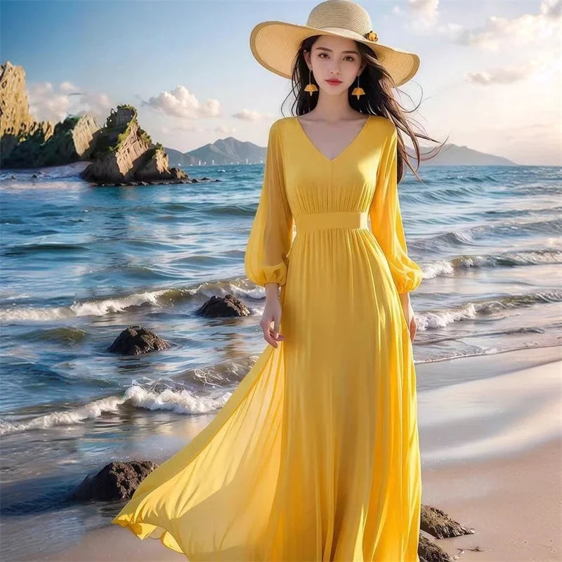 Yellow Chiffon Swing Maxi Dress | MzStar Fashion | view 3